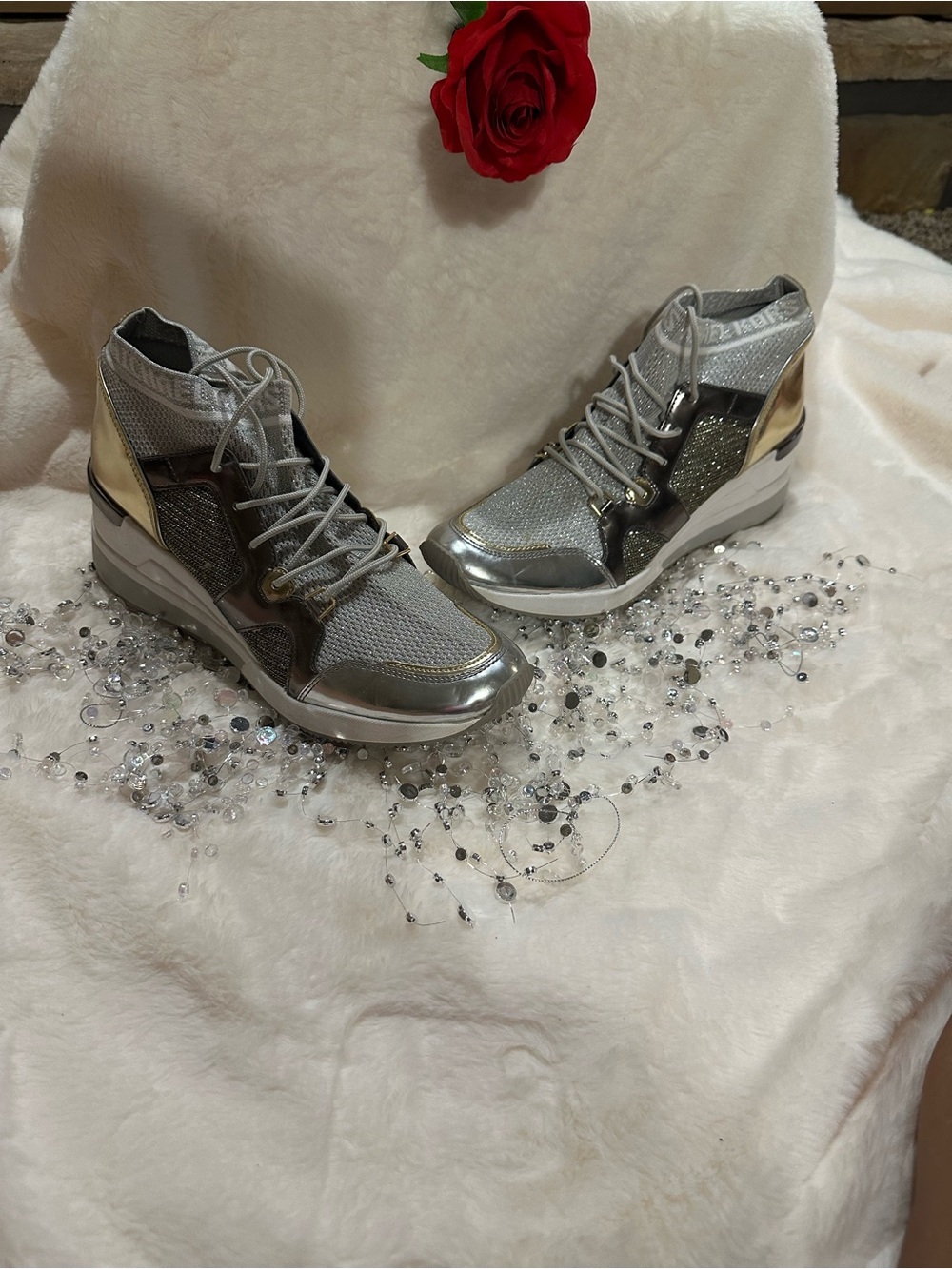 Michael Kors Silver Metallic Wedge Sneakers